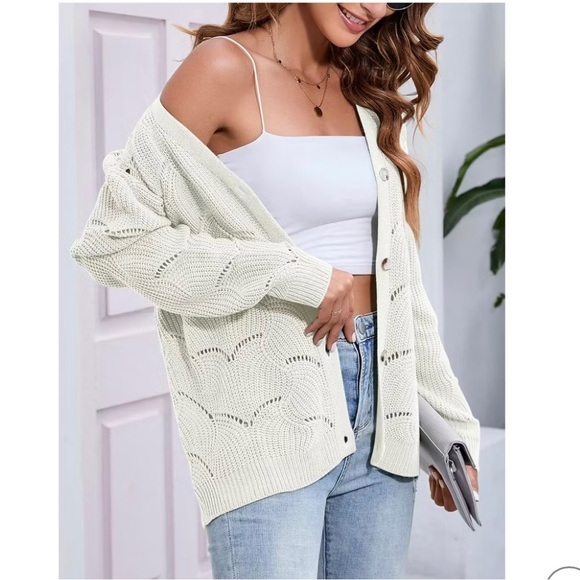 NWT Fashion Cream Lightweight Button- Up Crochet Long Sleeves Cardigan Sweater - Picture 3 of 10